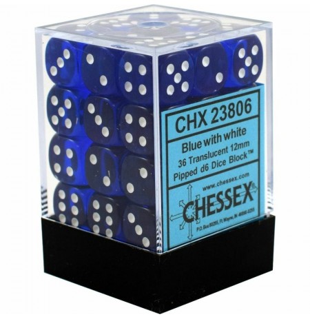Chessex Translucent 12mm d6 with pips Dice Blocks (36 Dice) - Blue w/white