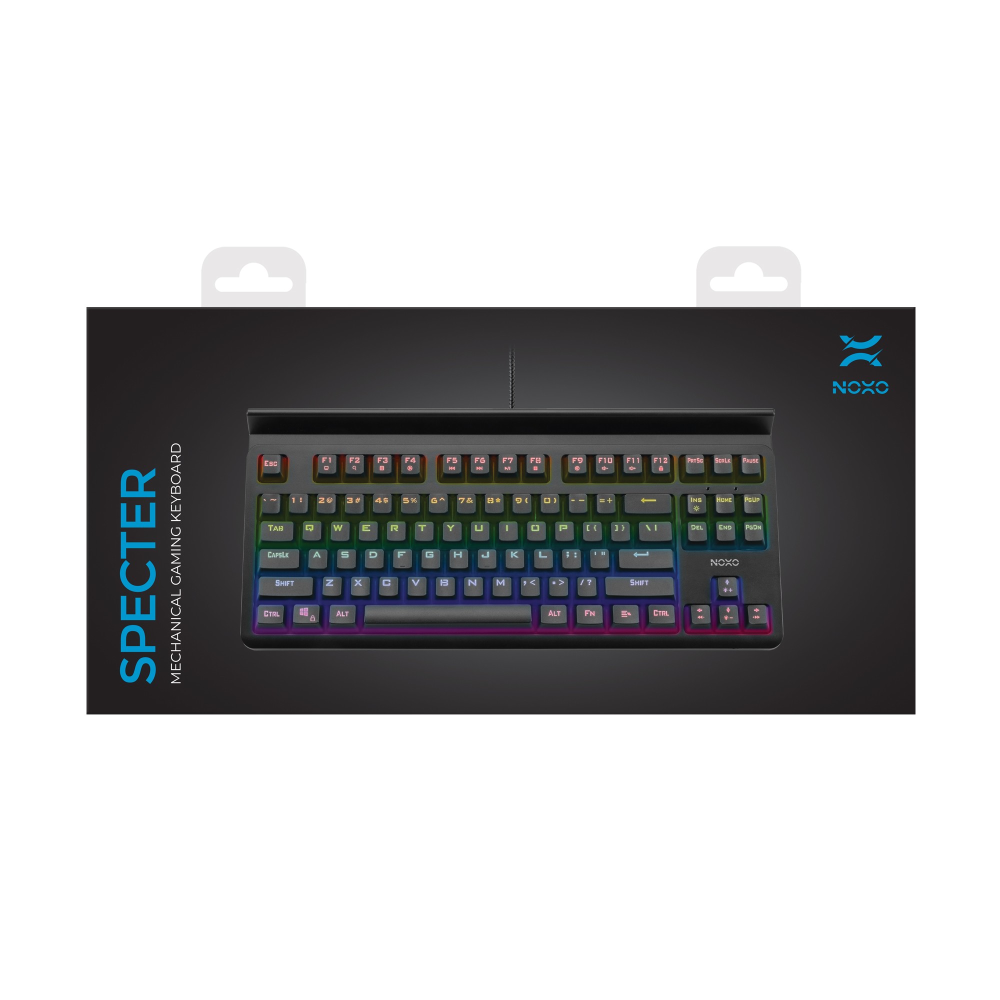 NOXO Specter TKL mehāniskā ar vadu RGB klaviatūra ar planšetdatora/tālruņa turētāju | US, Blue Switch